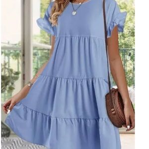 Sugarlips Light Blue Tiered Babydoll Dress Small Ruffle Sleeve Lined Rayon Blend